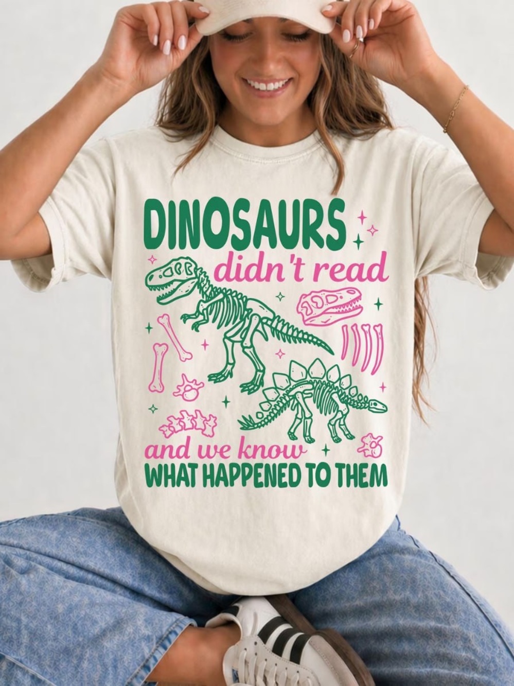 Off White Short-Sleeve Graphic Tee with Green & Pink Dinosaur Print